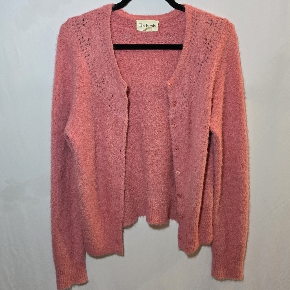 The Reeds Pink Super Soft Eyelash Textured Pink Fuzzy Cardigan Button Up Sweater